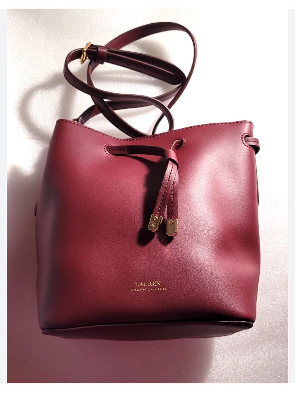 Lauren Ralph Lauren Wine Burgundy Leather Drawstring Crossbody